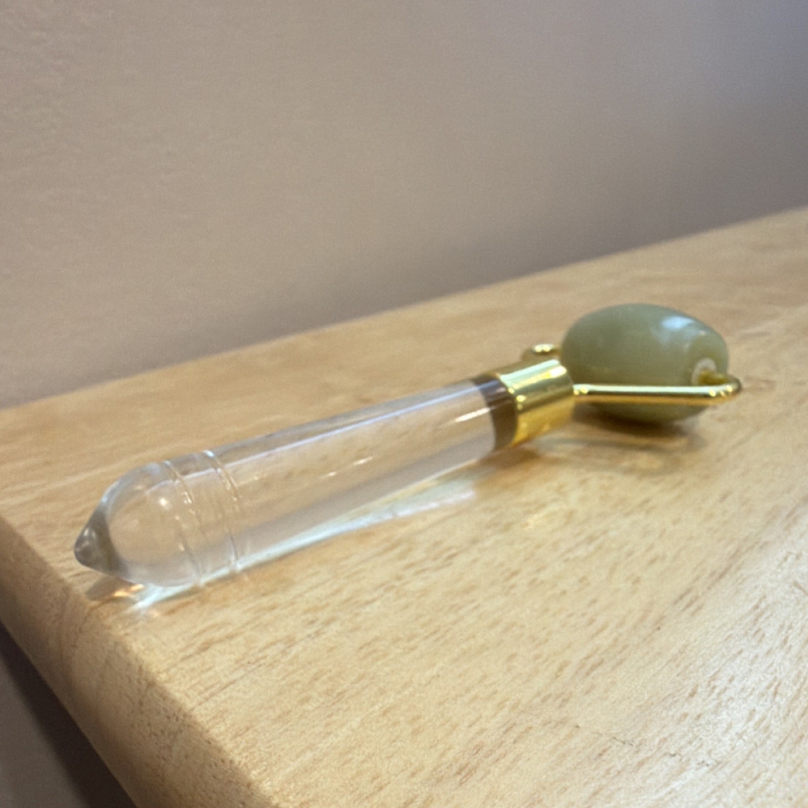 Clear & Green Jade Face Massage Roller, Manual Handheld, Gold Metal Handle