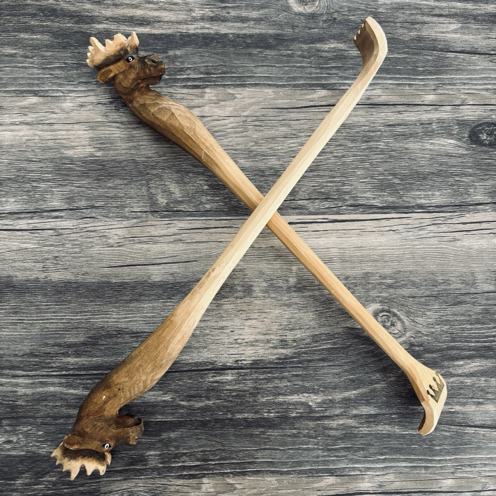 Wooden Carved Moose Elk Back Scratcher LOT OF 2 Hand Crafted Novelty Cabin Lodge
