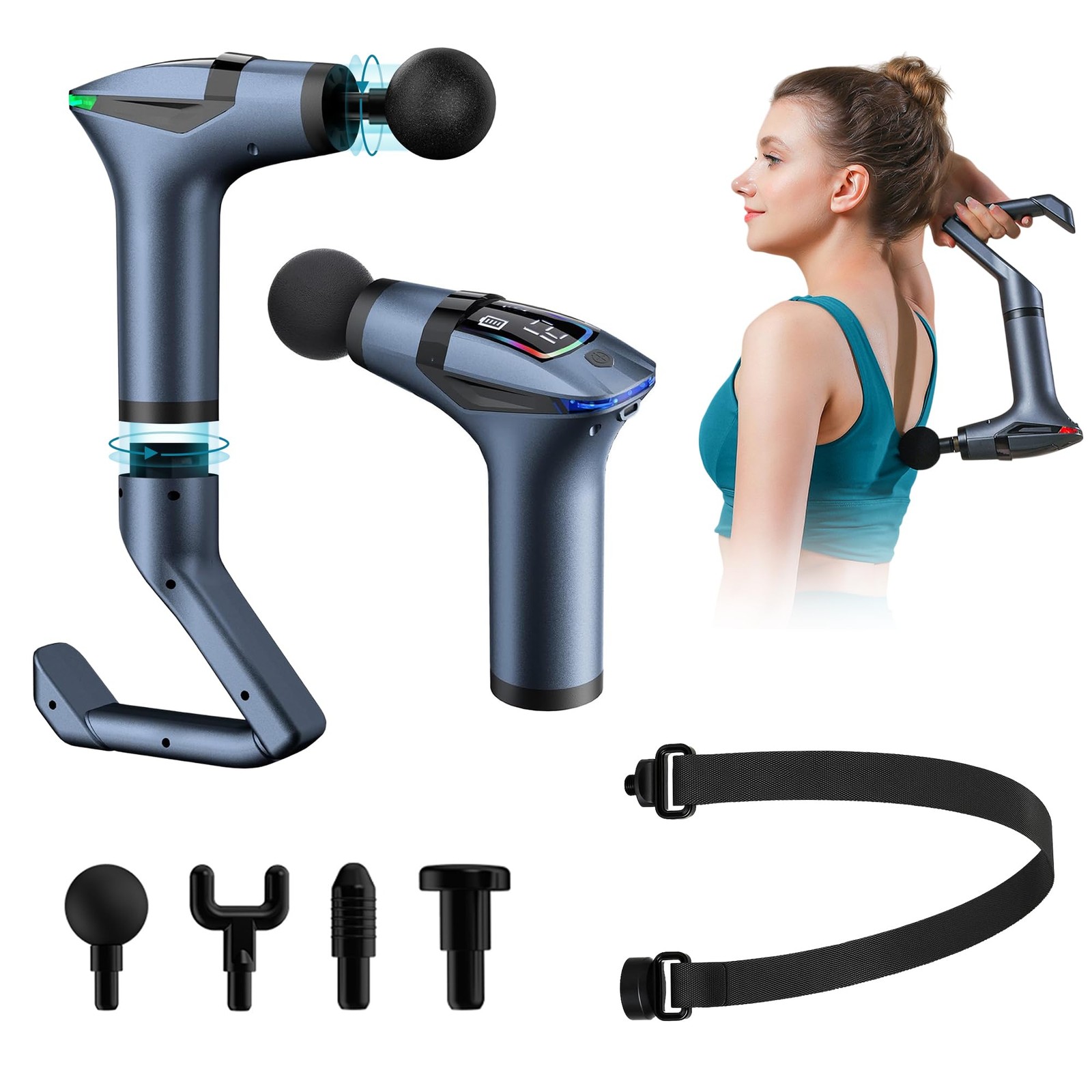 3-in-1 Massage Extended Handle & Belt with 12 Speed Levels & 4 Replaceable He…