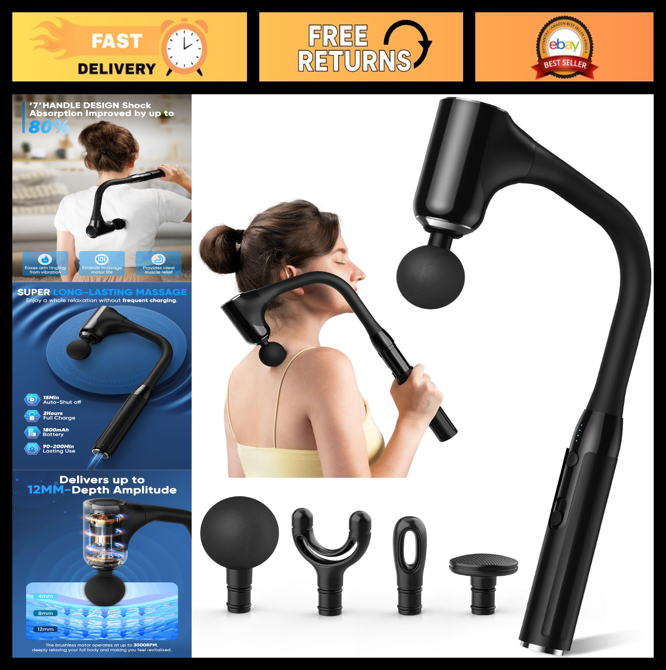 Deep Tissue Massage Gun for Pain Relief – Adjustable Speed, 4 Heads, Extended Ha