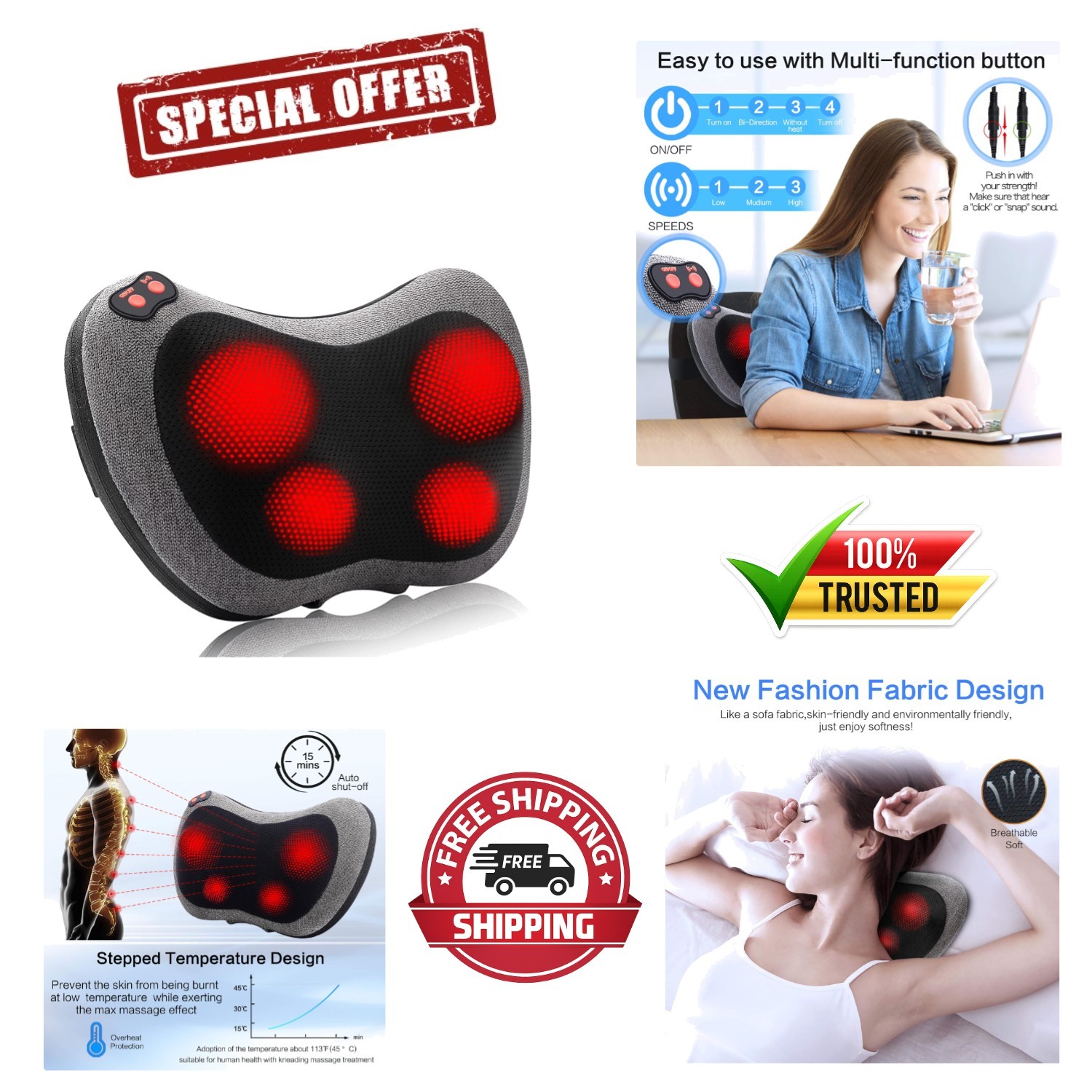 Pain Relieving Shiatsu Massager with Infrared Heat – Perfect for Home & Travel