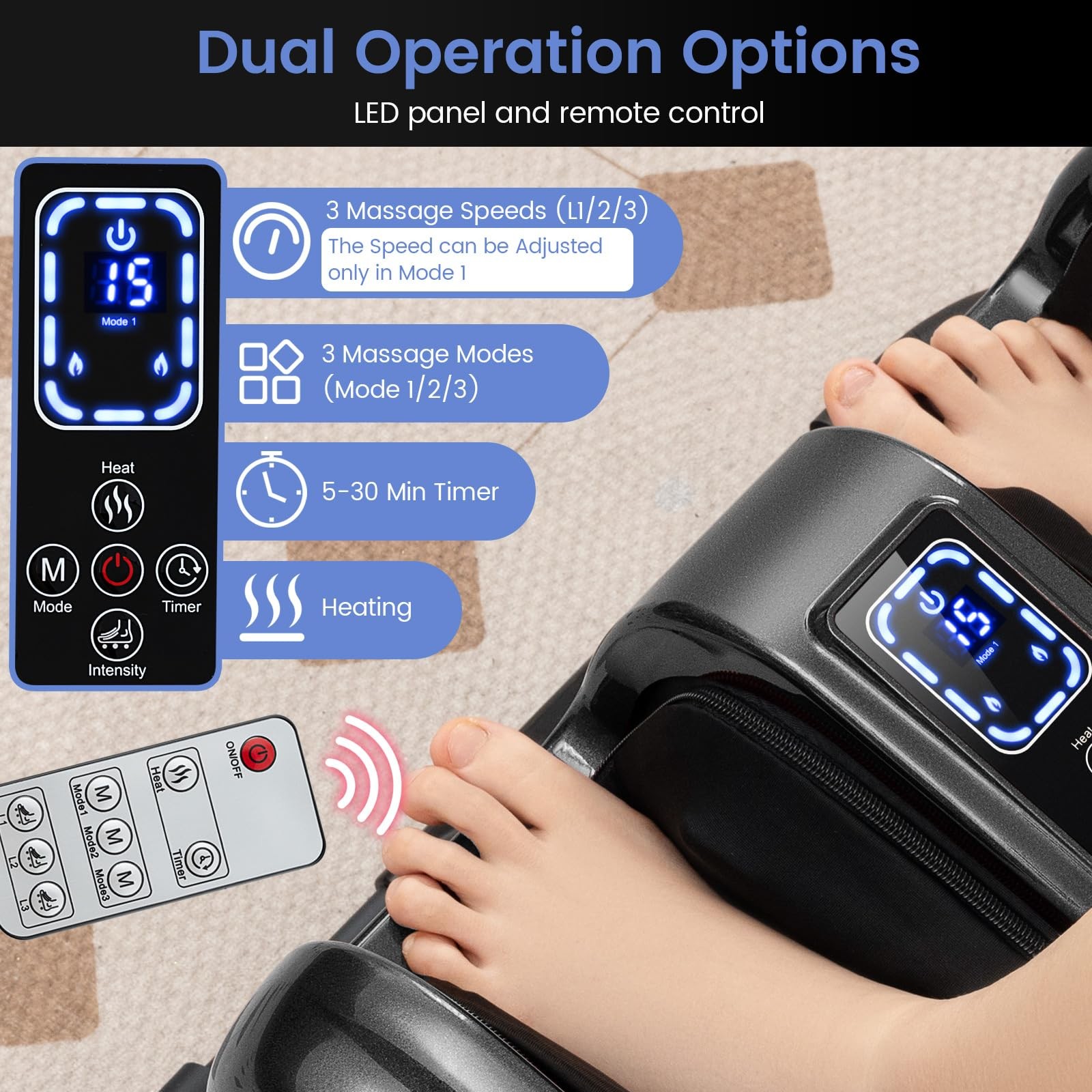 Chefjoy Foot Massager Heat Shiatsu Foot Massager W/ 3 Modes Speed Washable