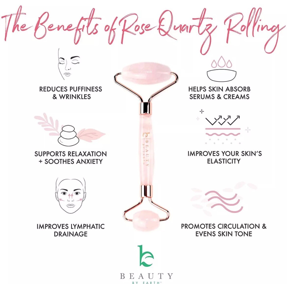 Beauty by Earth Rose Quartz Facial Roller Improves Skin Tone , Puffy Eyes NIB
