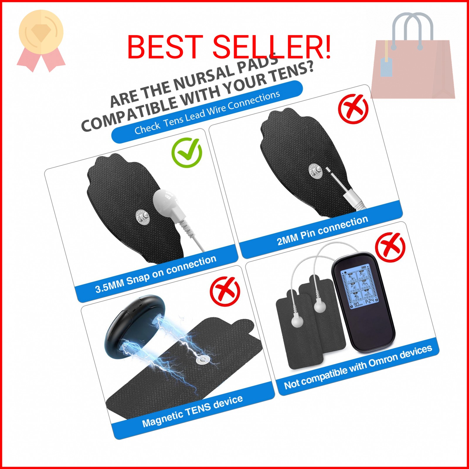 TENS Unit Electrode Pads NURSAL 20 Pack 3.5mm Snap EMS Replacement Pads for Elec