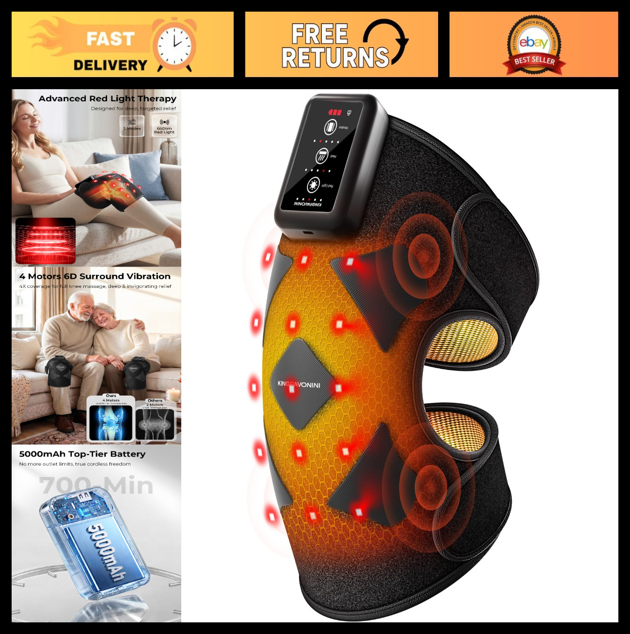 Knee Massager with Heat & Red Light Therapy – Cordless Heated Brace, 4-Motor Vib