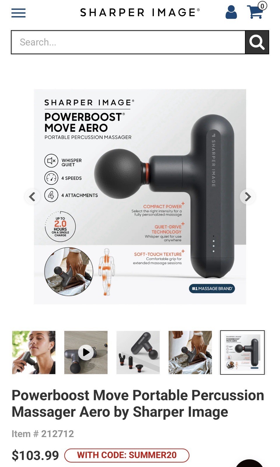 Sharper Image Powerboost Move Aero Percussion Massage Gun, Black, 4 Heads