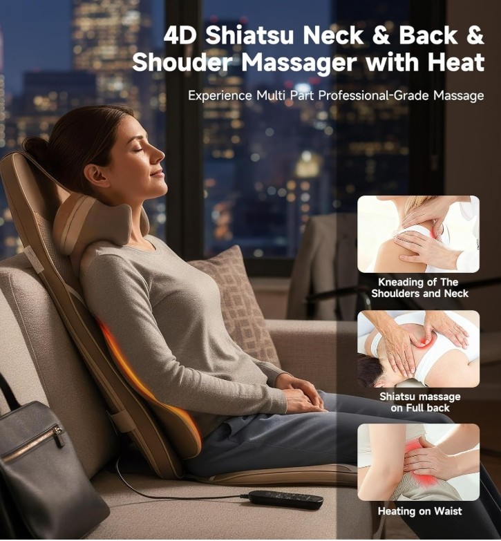 Flekzo Shiatsu Back & Neck Massage Seat Cushion w/ Heat – 4D Kneading, Full Back