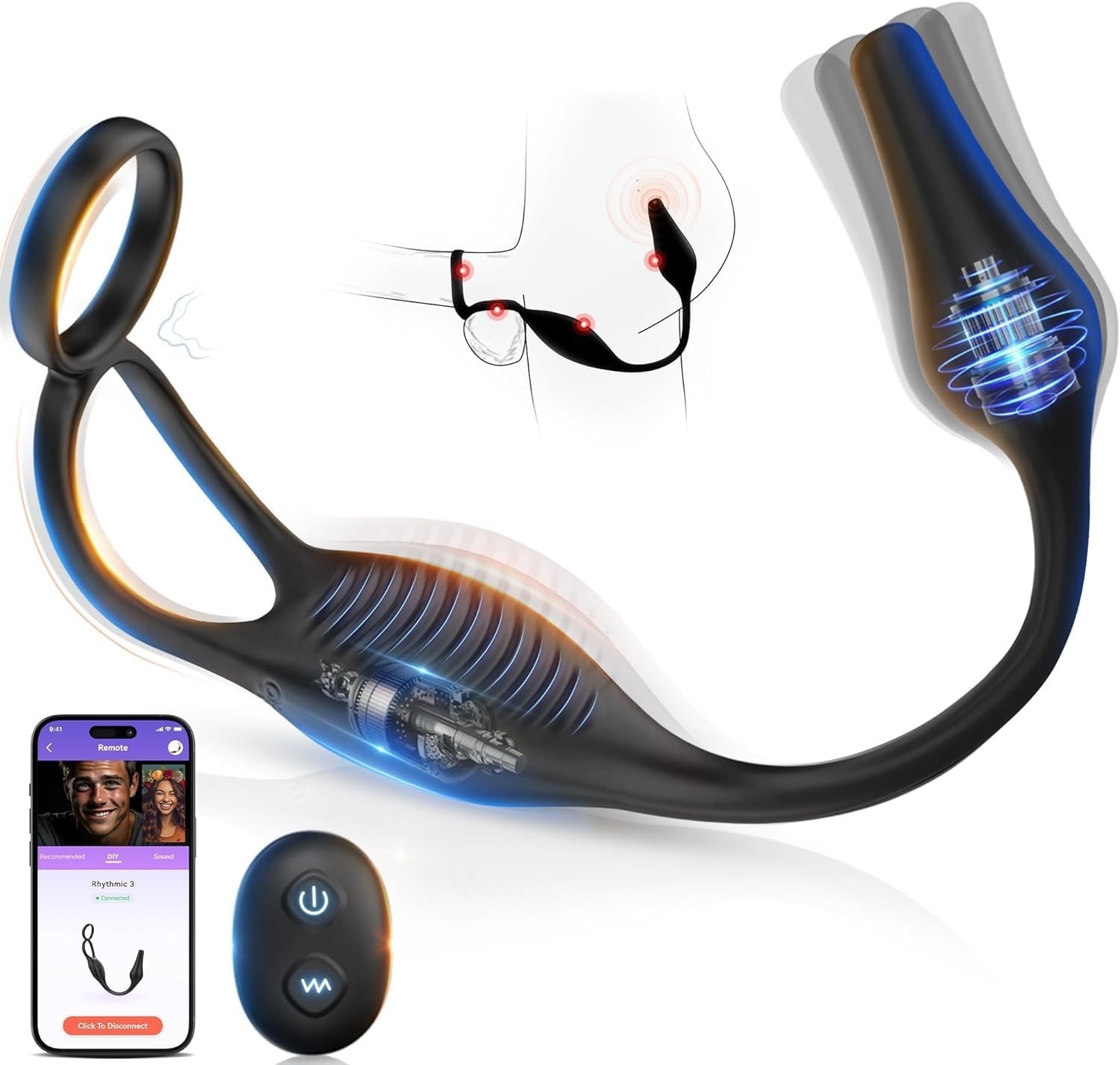 Ergonomic Prostate Massager with Penis Ring and Seven Vibration Settings