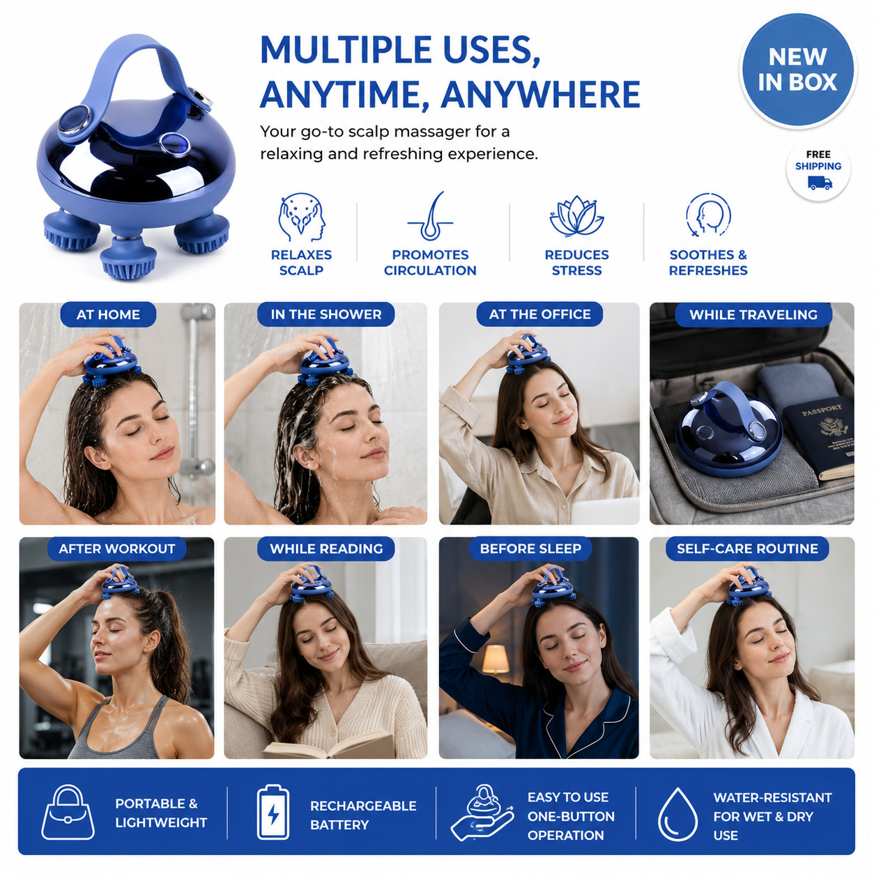 Electric Scalp Massager, Portable and Rechargeable, Handheld with Anti-Fall Stra