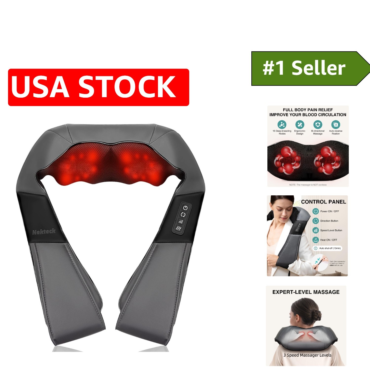 Shiatsu Neck Massager with Heat – Deep Tissue Relief, Ergonomic Design, Gray