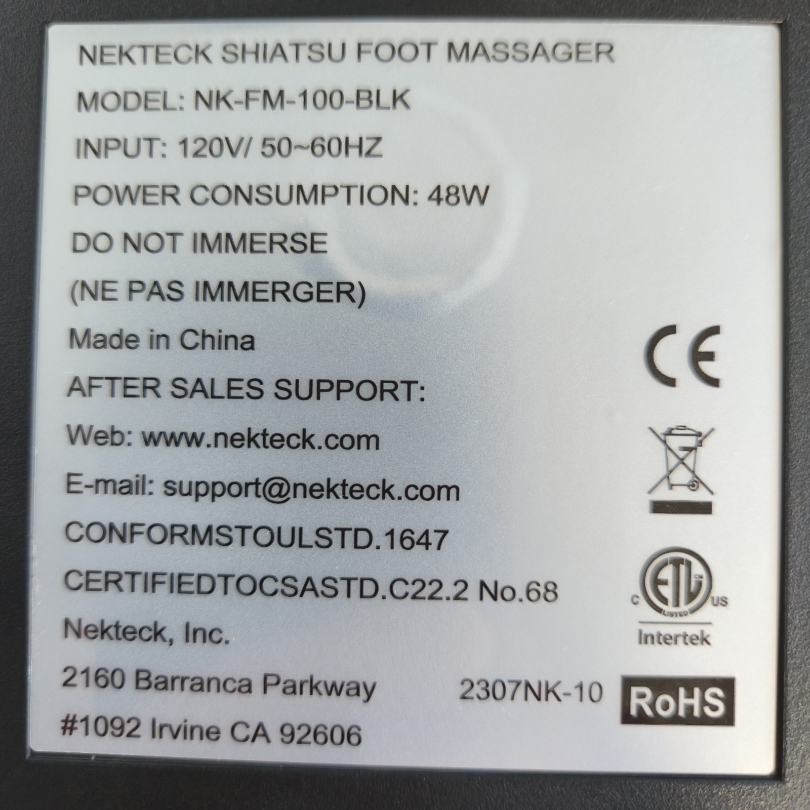 Nekteck Shiatsu Feet Massager NK-FM-100-BLK Kneading Heat Option Tested Works