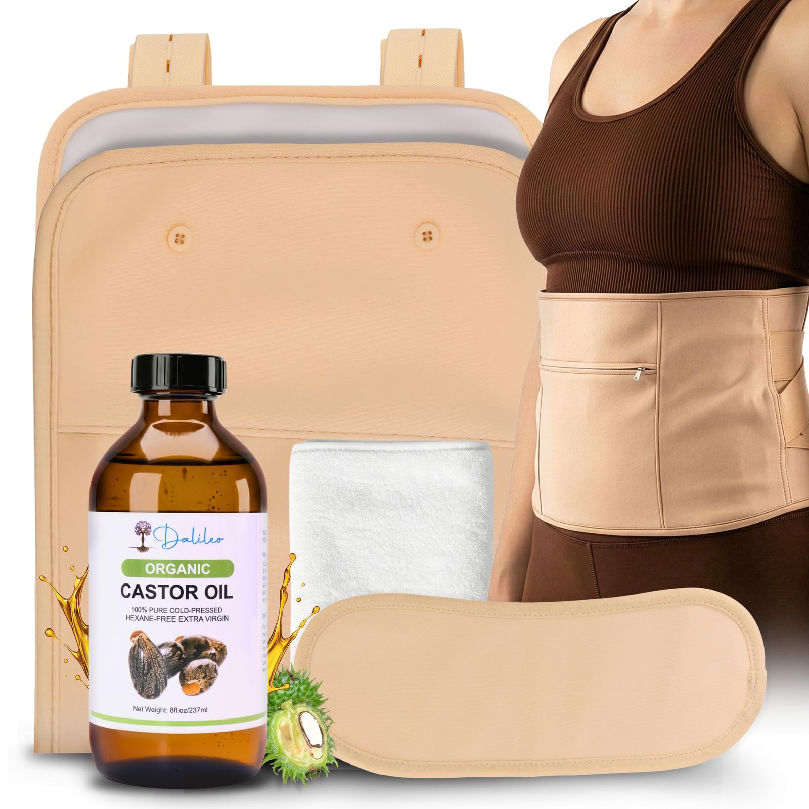 Dalileo Organic Castor Oil Pack Wrap Kit – 8oz Cold Pressed Oil with Abdomina…