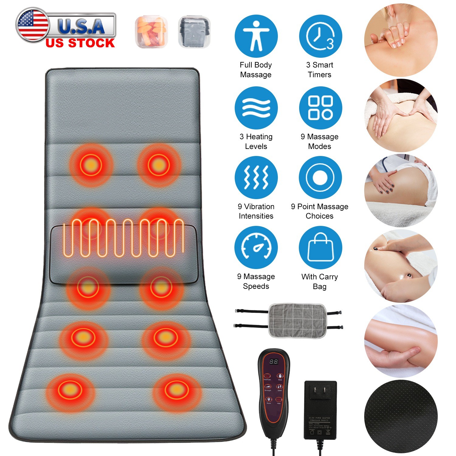 Full Body Electric Massage Mat W/ Heat &Vibration Features Soft Cushion Material