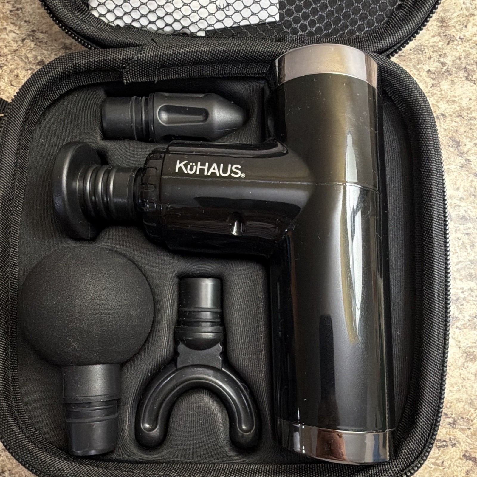 Kuhaus Handheld Percussion Massage Gun w/ 4 Heads & Carrying Case, Black