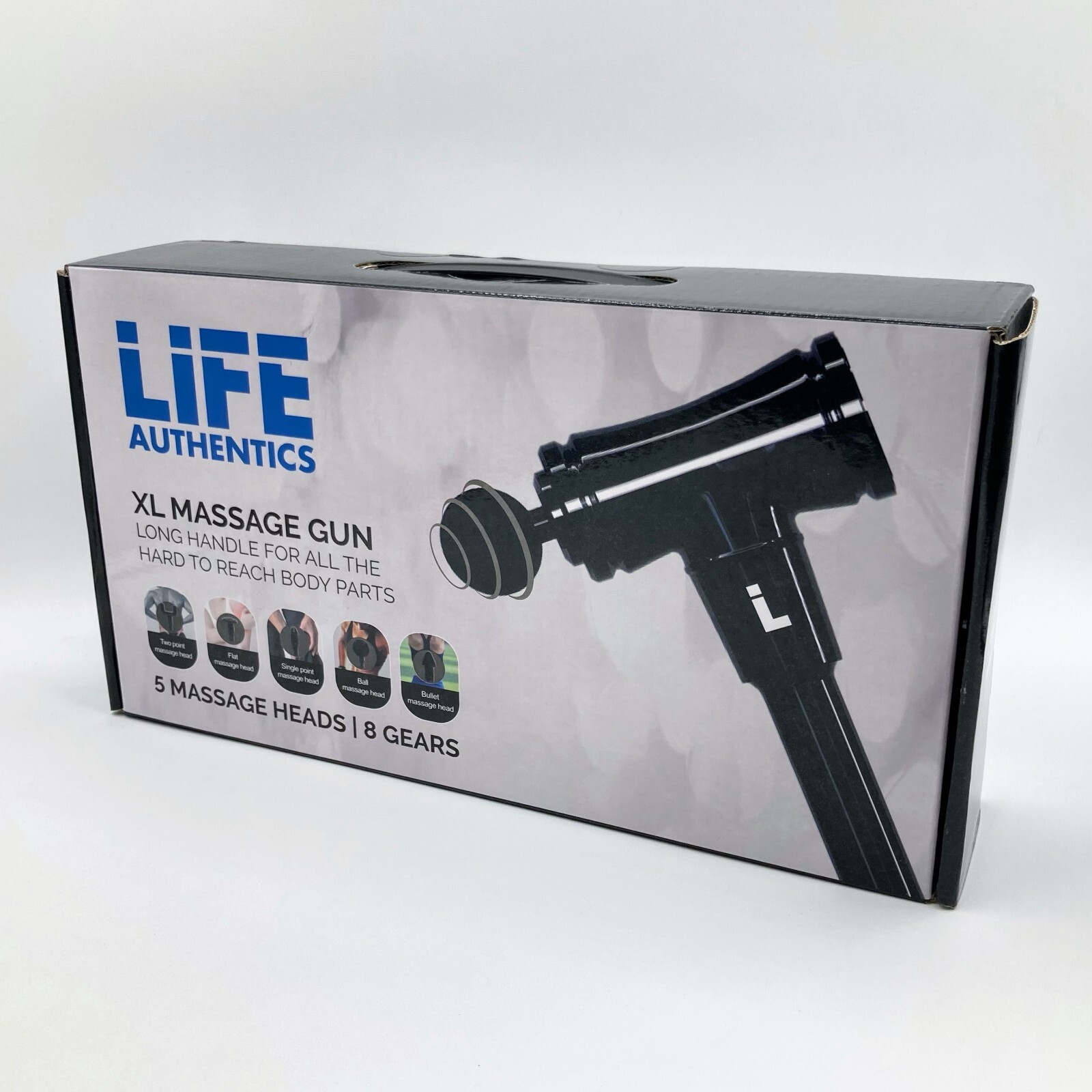 Life Authentics XL Massage Gun w/Extra Long Handle, 5 Heads, 8 Gears, Black NIB