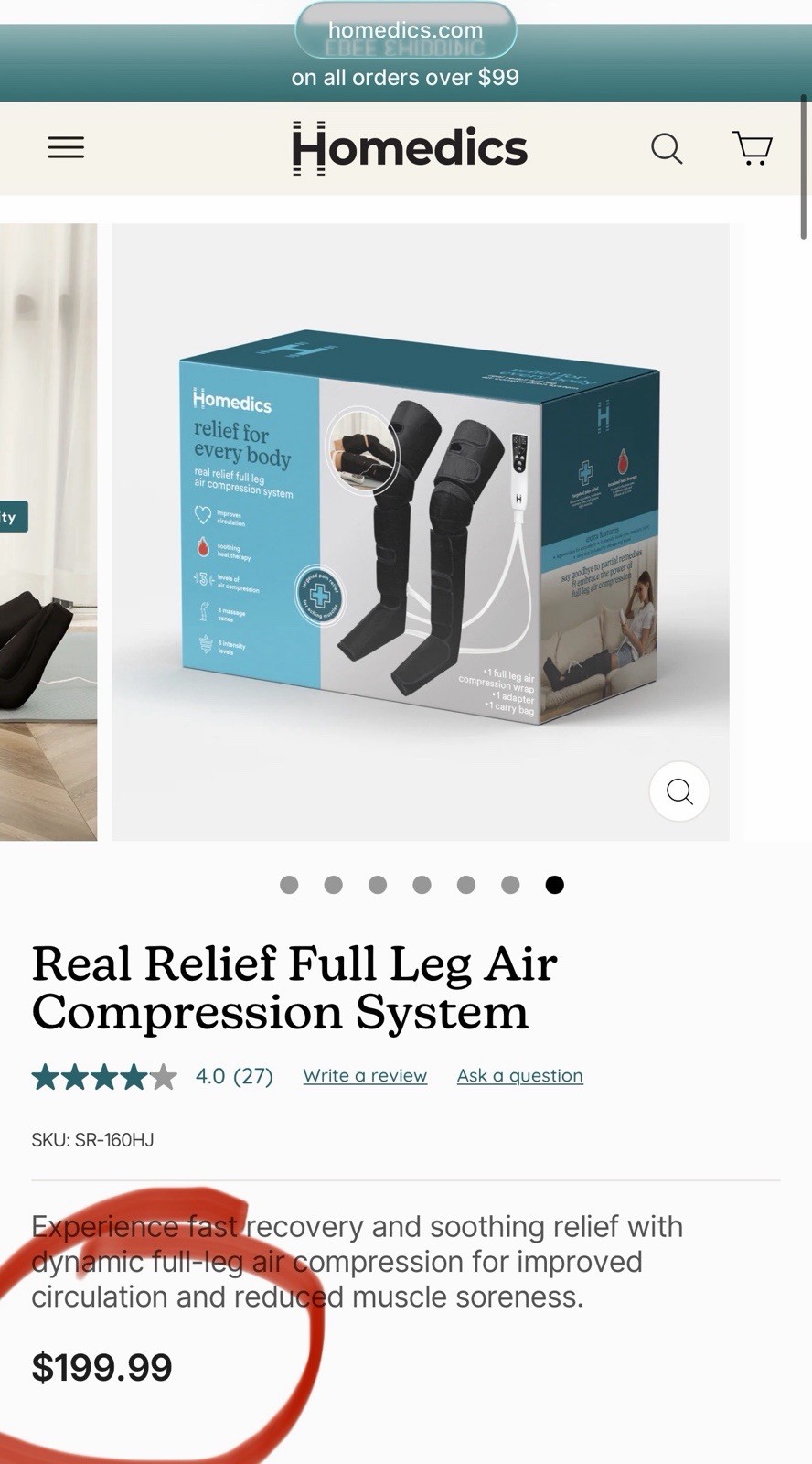 HoMedics SR-160HJ Real Relief Full Leg Air Compression Wraps w/ Heat, Black