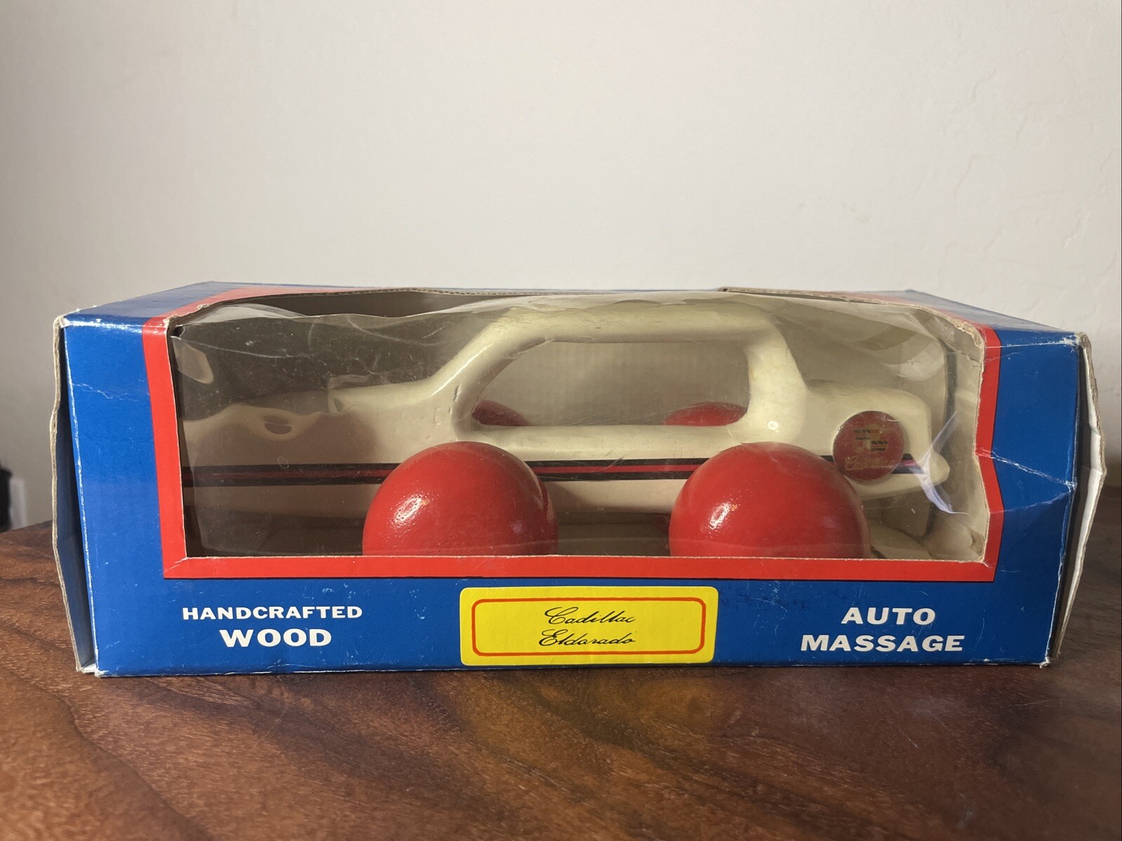 Vintage Cadillac Eldorado White/Red Painted Wood Auto Massage Roller Swank (L5)