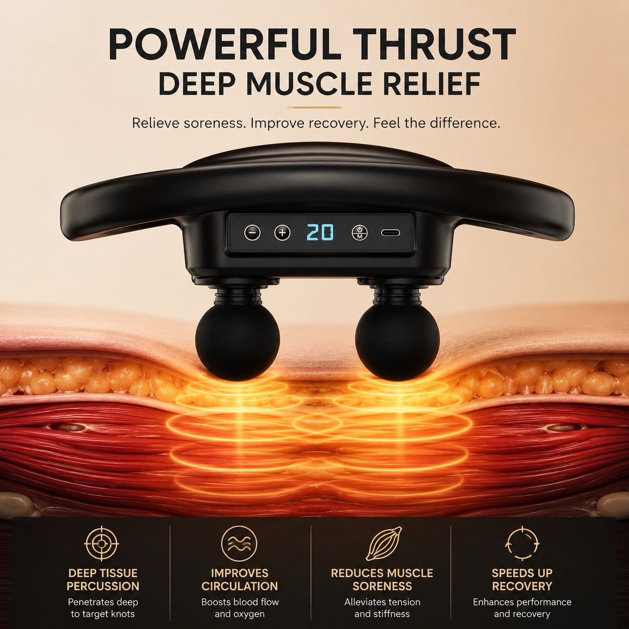6-Head Massage Gun Percussion w/ Heat Cordless Type-C 35dB Black