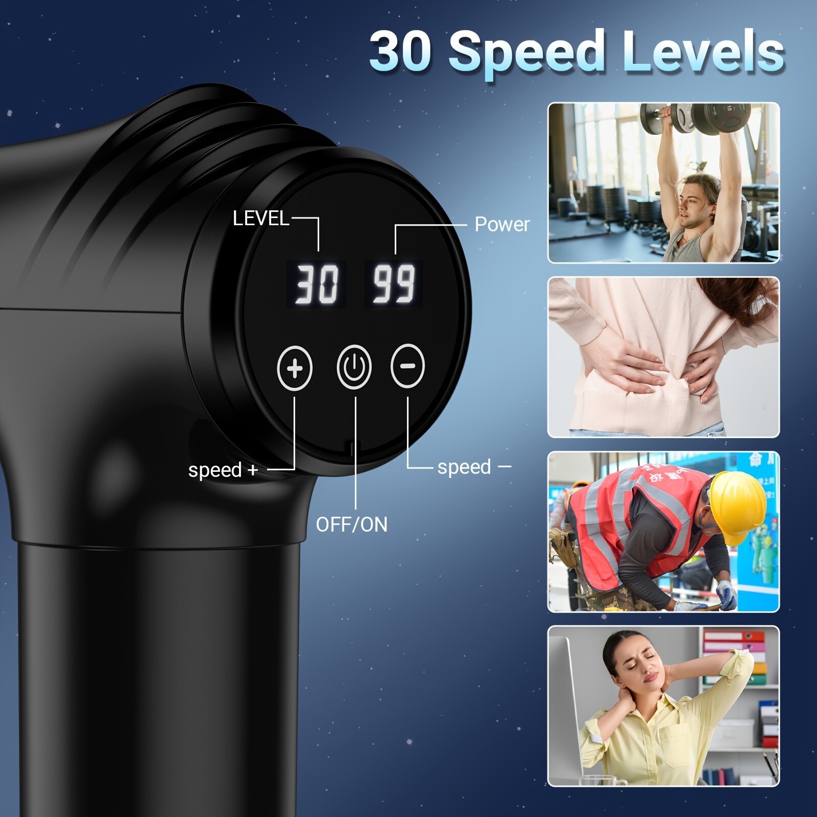 Portable Massage Gun with LED Touch Screen, Rechargeable Lithium Battery,6 Heads
