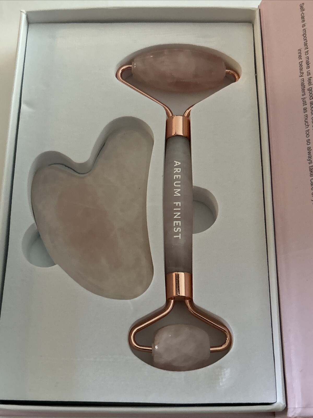 Rose Quartz Face Roller Gua Sha Self Care Set With Pouch Pamper Anti Aging Pink