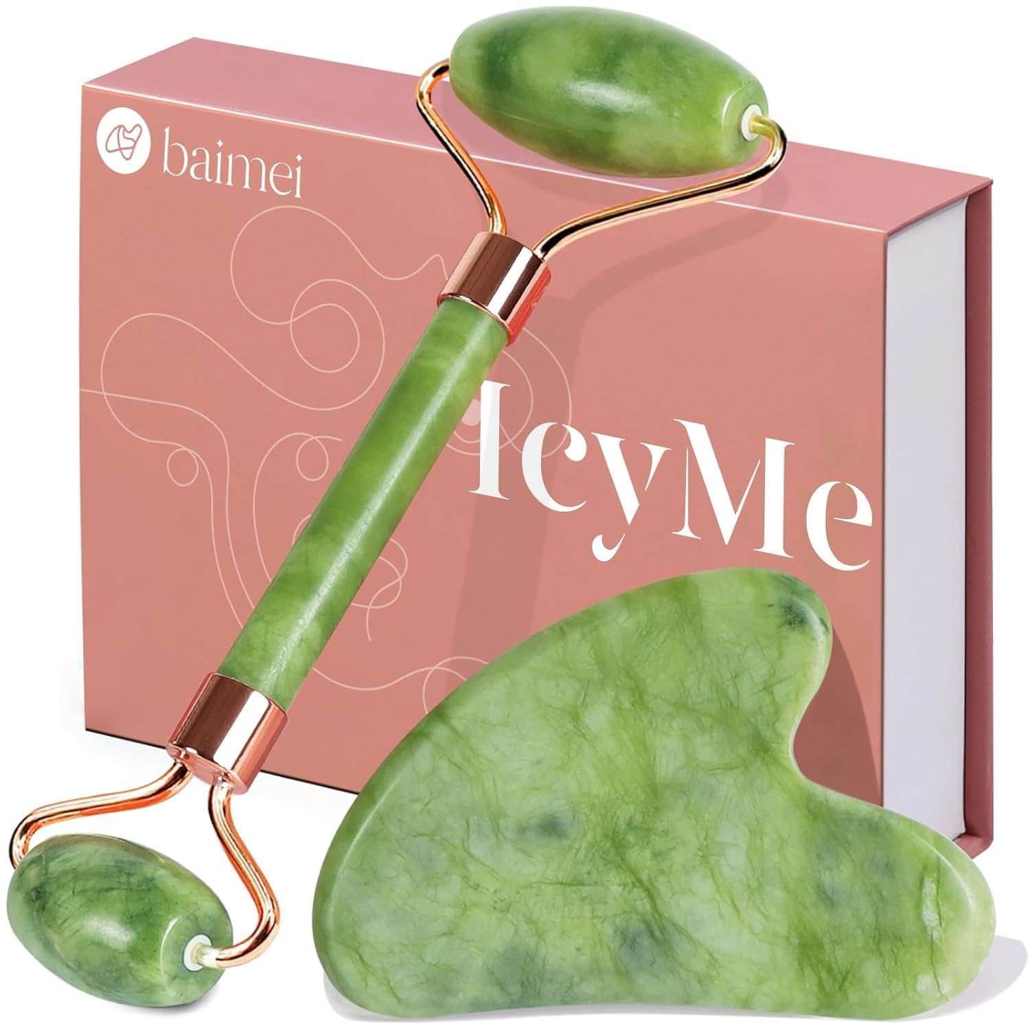 BAIMEI IcyMe Jade Roller & Gua Sha Set Cooling Face Massage Tool Green