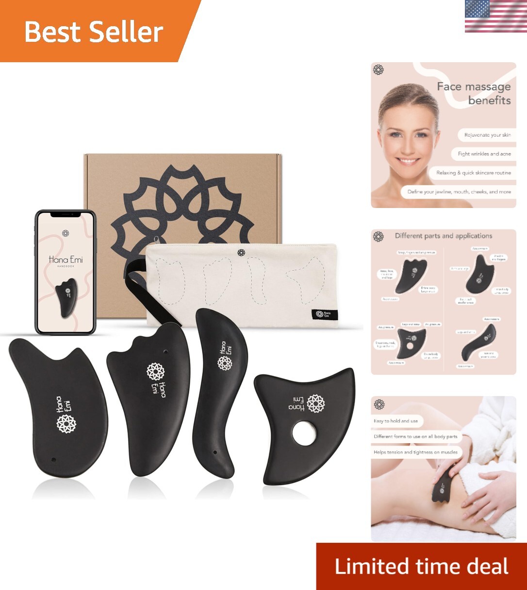 4-Piece Gua Sha Facial Massage Set – Large Bian Stone for Rejuvenating Skincare