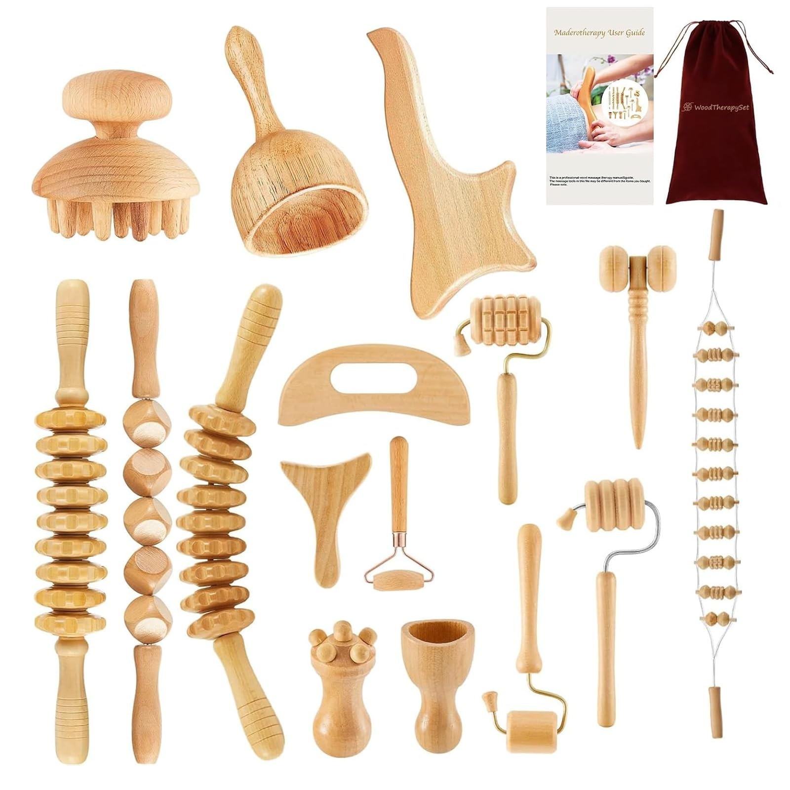 16Pcs Wood Therapy Massage Tools Set, Gua Sha & Lymphatic Drainage Kit, Body Scu