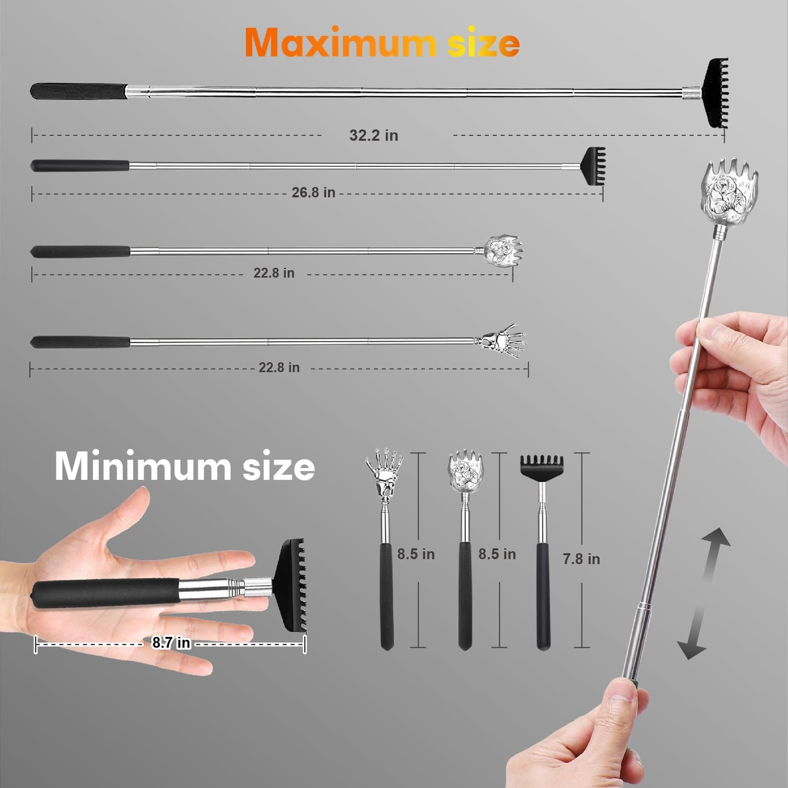 Telescoping Back Scratcher 4-Pack – Stainless Steel, Non-Slip Grip, Portable Gif