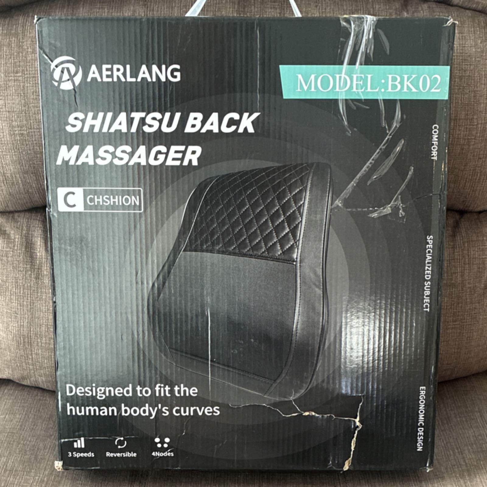 AERLANG Shiatsu Back Massager Cushion BK02, 4 Heads, 3 Speeds, Reversible, Black