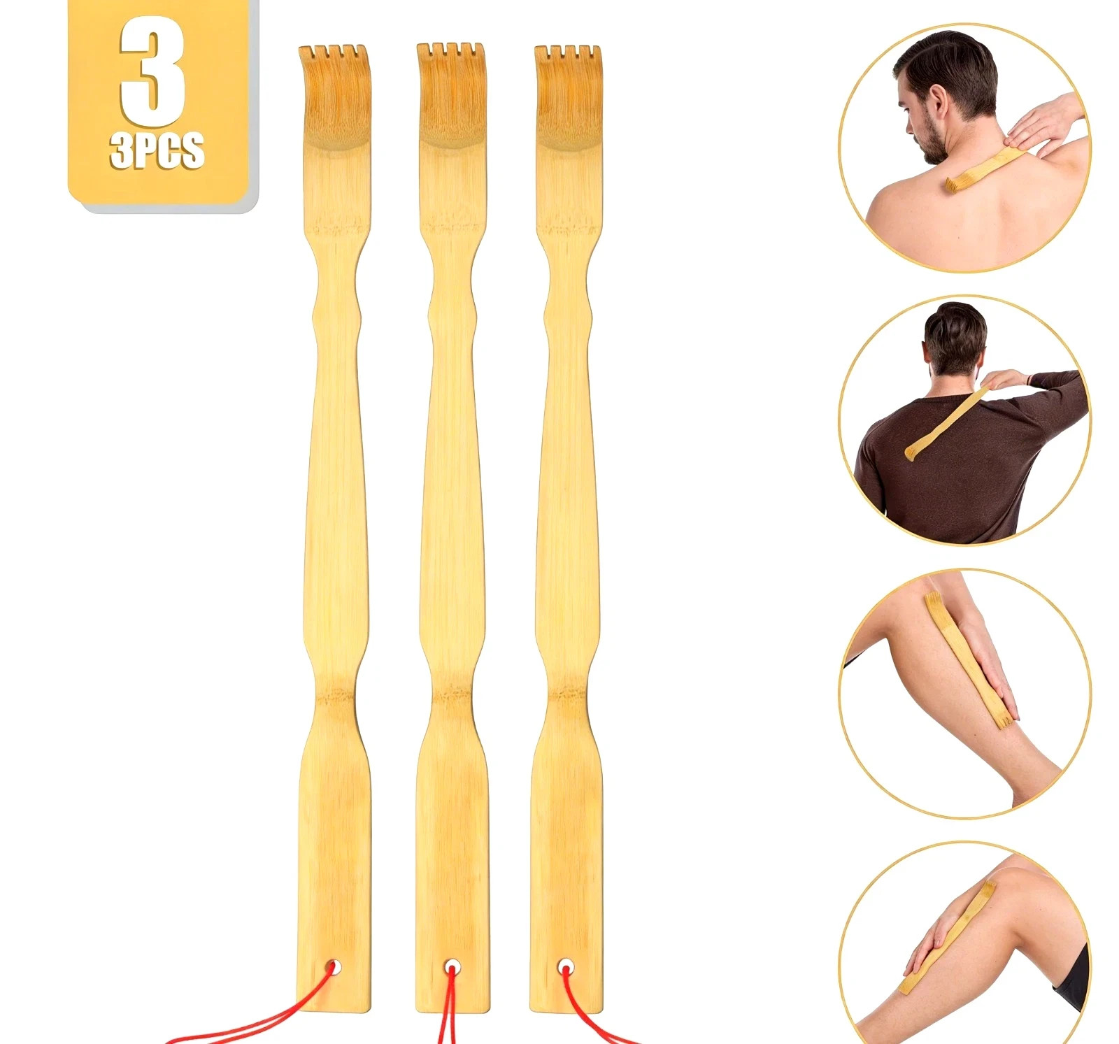 3Pcs Heavy-Duty Bamboo Back Scratcher: Therapeutic Long Handle Tool for Scratchi