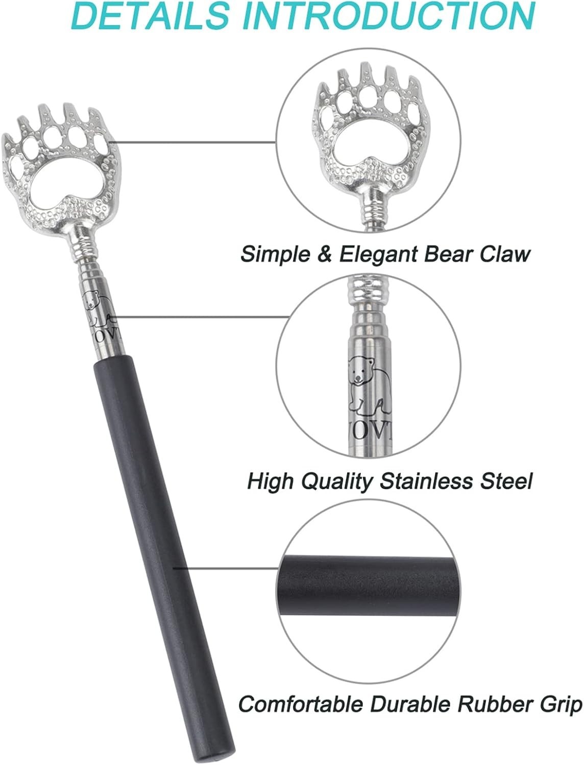 Extendable Back Scratcher 23in Stainless Steel Bear Claw for Men Women Travel