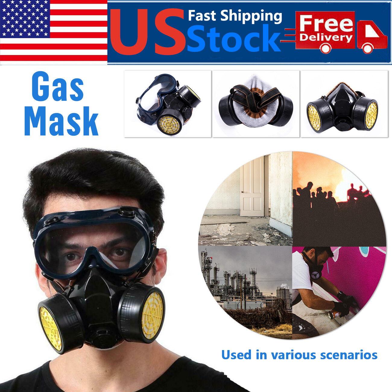 Chemical Dustproof Respirator Gas Face Mask Safety Filter Military Eye Goggle