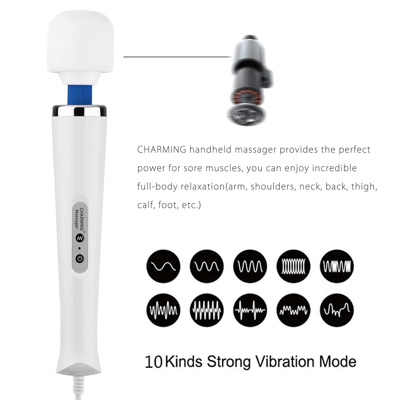 10 Speeds Wired Powerful Handheld Electric Back Massager with Strong Vibratio…
