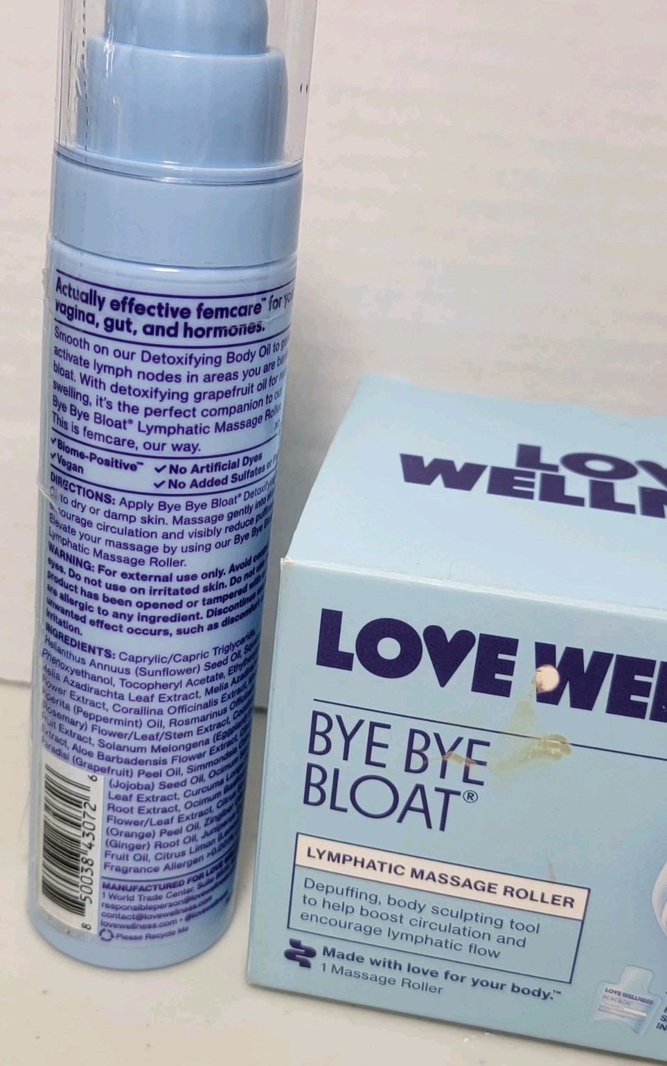 L0ve Wellness Bye Bye Bloat Lymphatic Massage Roller Handheld & Body Oil 3.38 oz