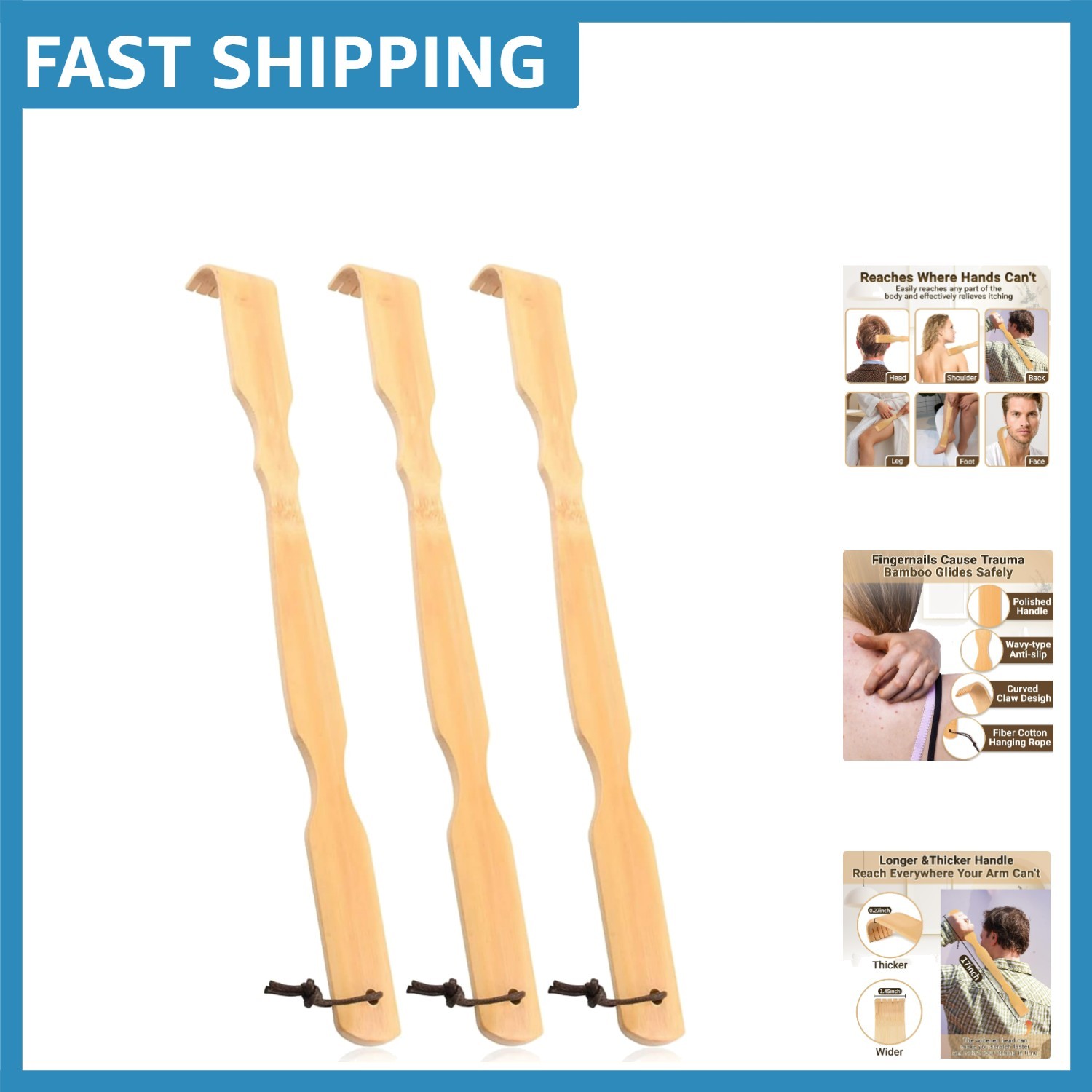 Handmade 17″ Bamboo Back Scratcher & Massager – 3 Pack for Ultimate Relief