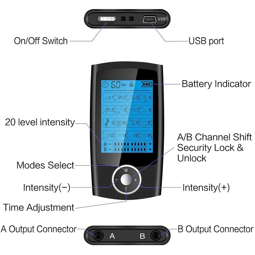 16 Mode TENS EMS Muscle Stimulator Digital Therapy Massager Dual Output