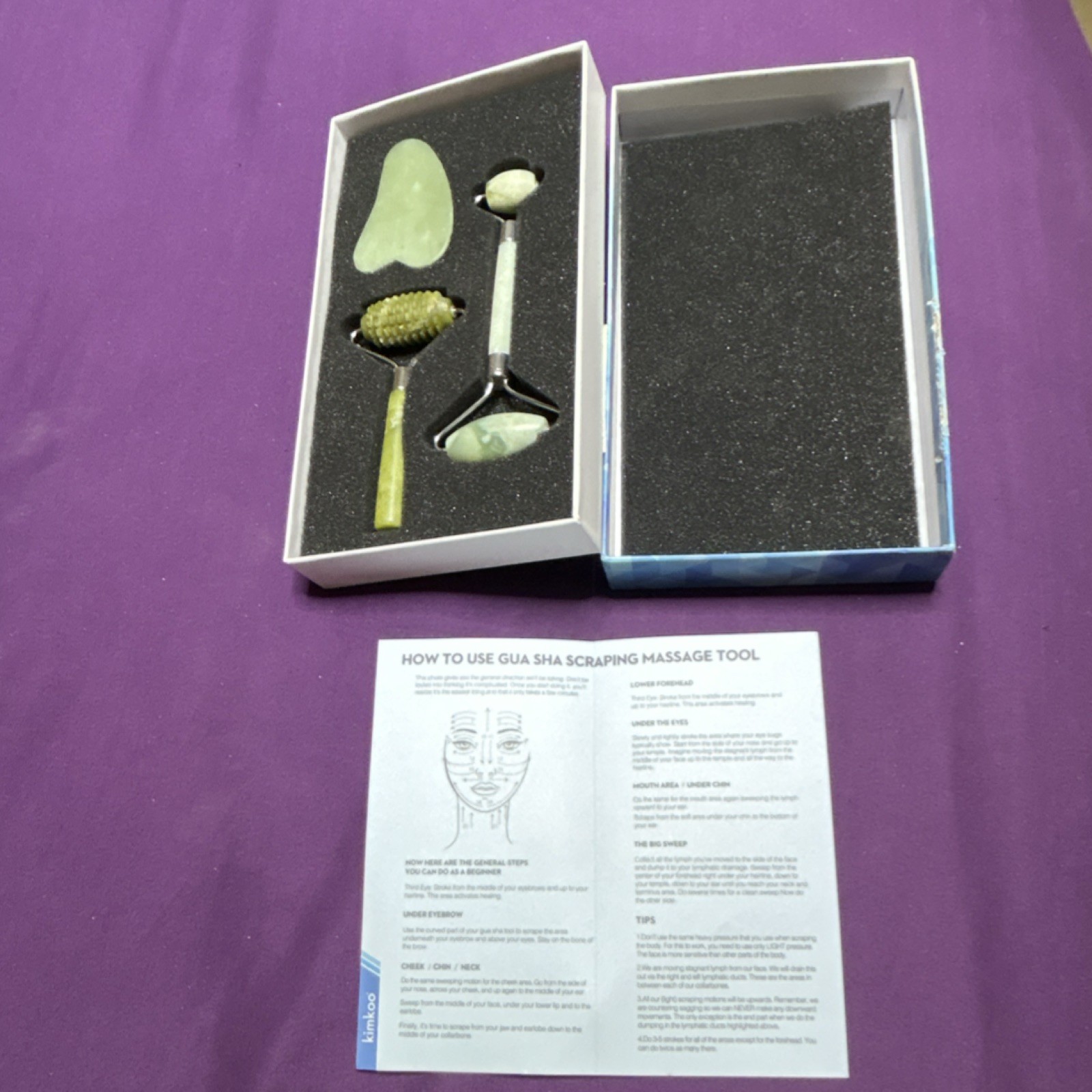 kimkoo Green Jade Roller & Gua Sha Set Manual Handheld 2-Head Face/Neck/Eyes