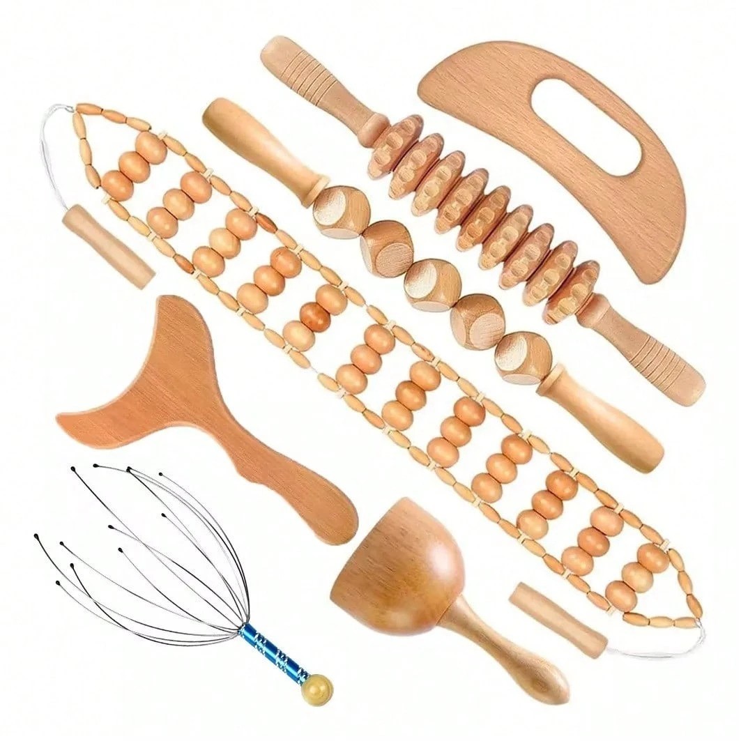 7 PCS Wood Therapy Massage Tools Set Body Roller Massager Kit