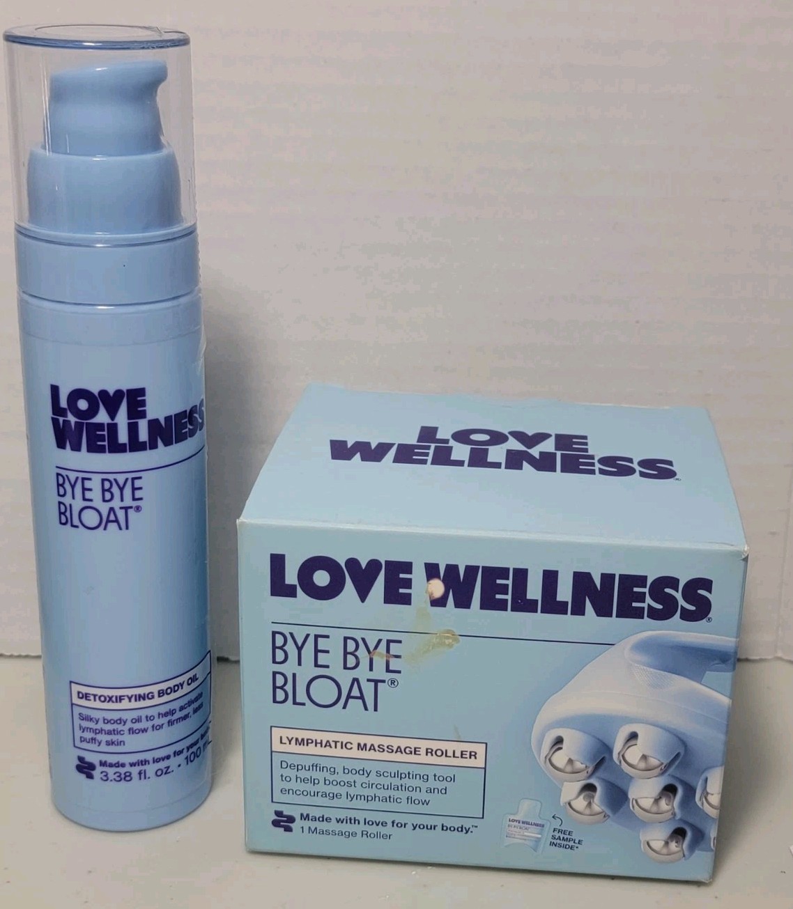 L0ve Wellness Bye Bye Bloat Lymphatic Massage Roller Handheld & Body Oil 3.38 oz