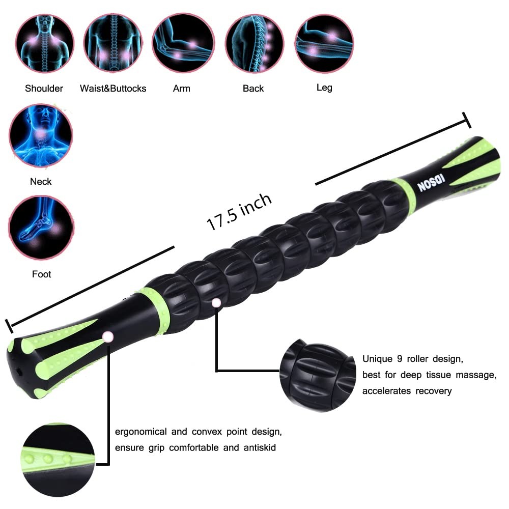 Idson Muscle Roller Stick for Athletes- Body 1 Count (Pack of 1), Black Green