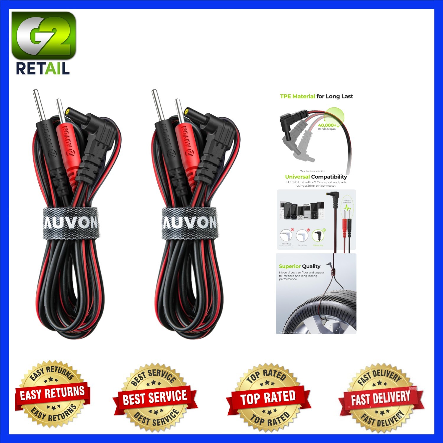 Soft TPE 2-Pack TENS Unit Lead Wires, 40,000+ Bends, Compatible with Most Units