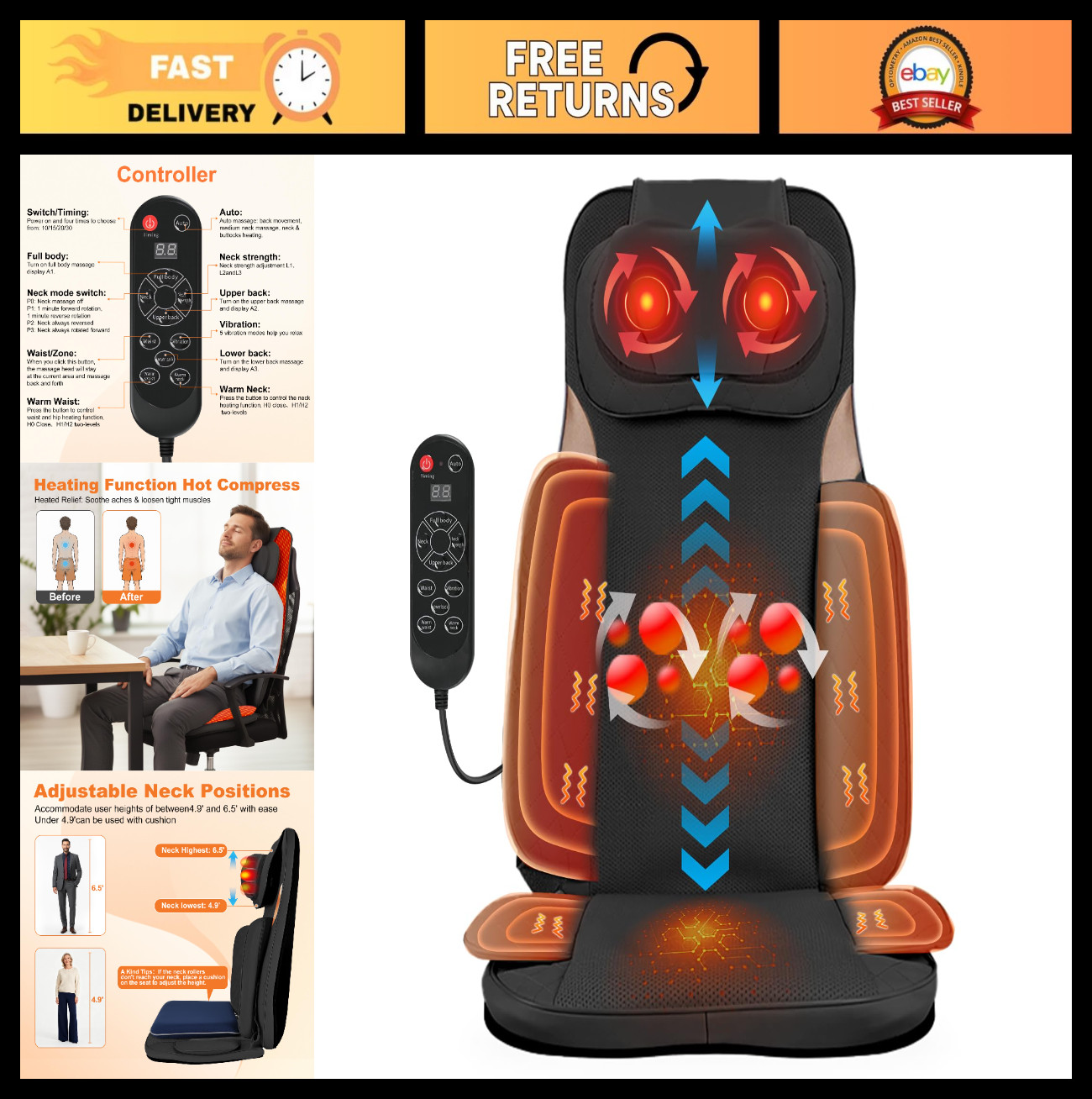Shiatsu Neck & Back Massager – Deep Tissue Pain Relief, Targeted Relaxation Gift