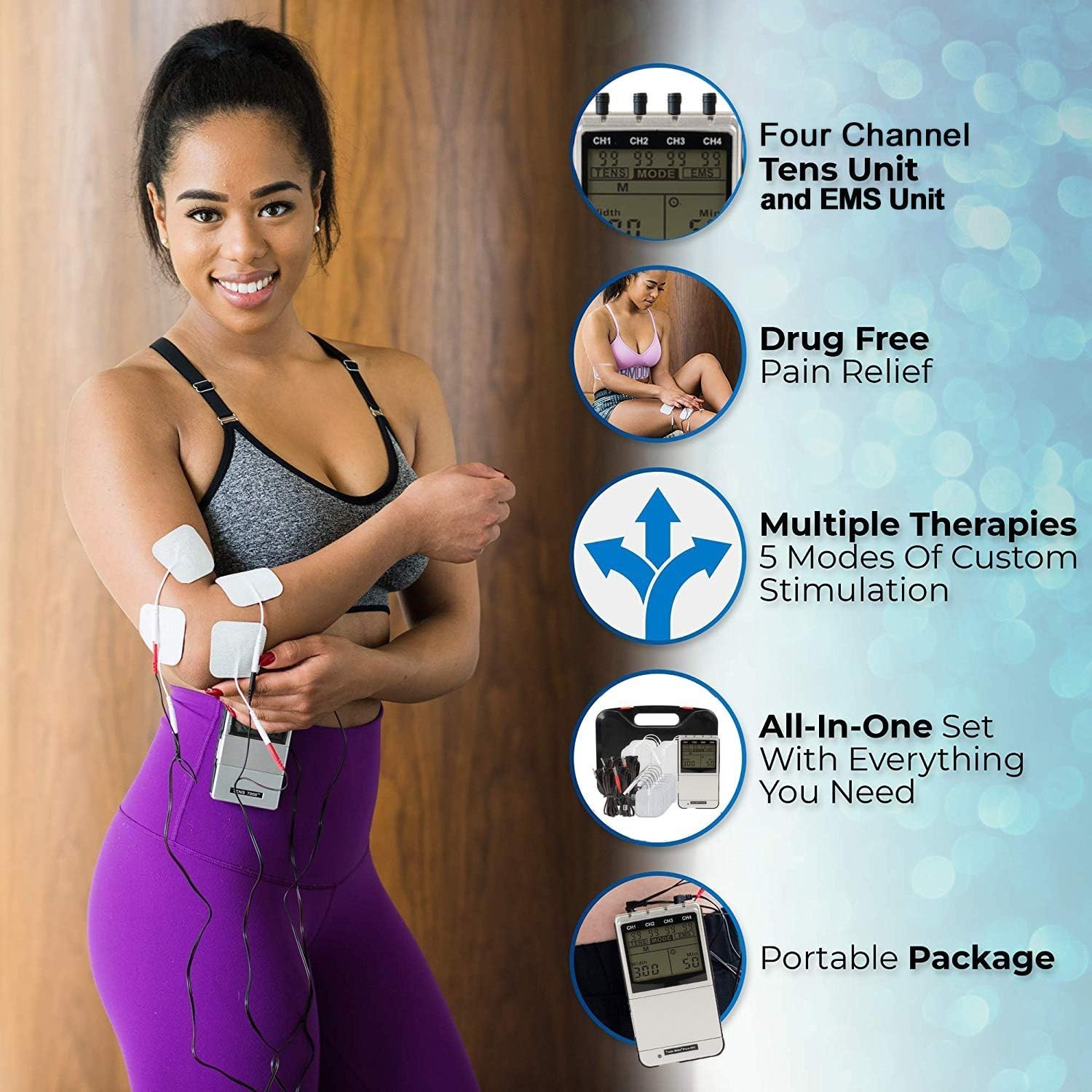 Roscoe Medical TENS EMS Muscle Stimulator 4 Channel for Pain Relief & Recovery