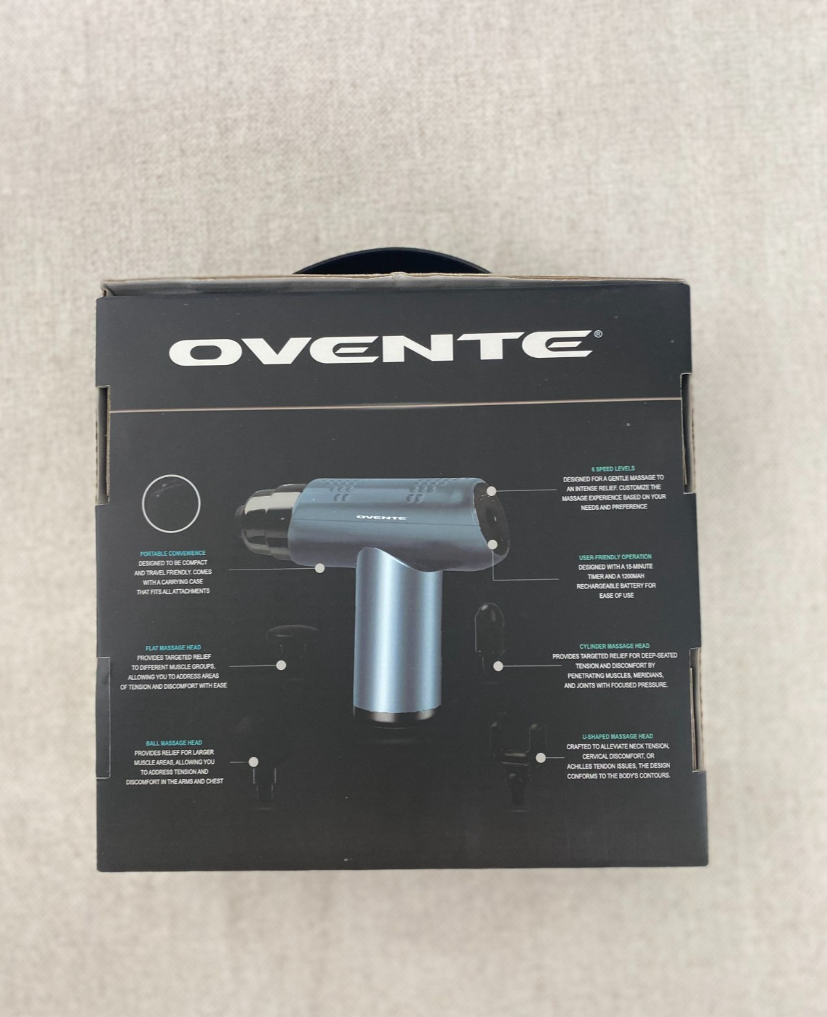 Ovente Massage Gun Handheld Unisex S Black 6 Speed Percussion Massager Kit Boxed