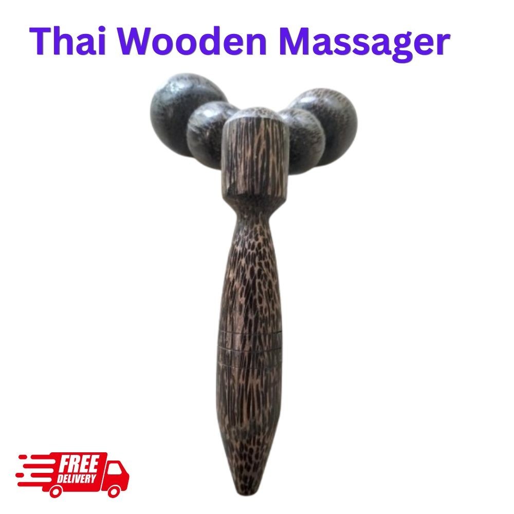 Thai Wooden Massager 4 Roller Balls Sugar Palm Shoulders Arms Legs Pain Therapy