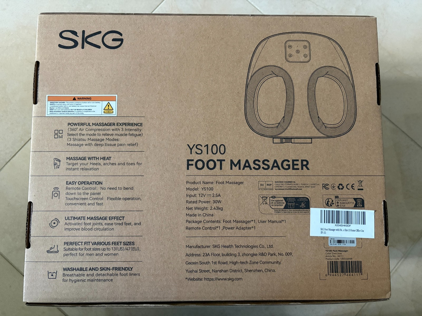 SKG Foot Massager with Heat and Remote 3 Levels Compression YS100 Dark Blue New