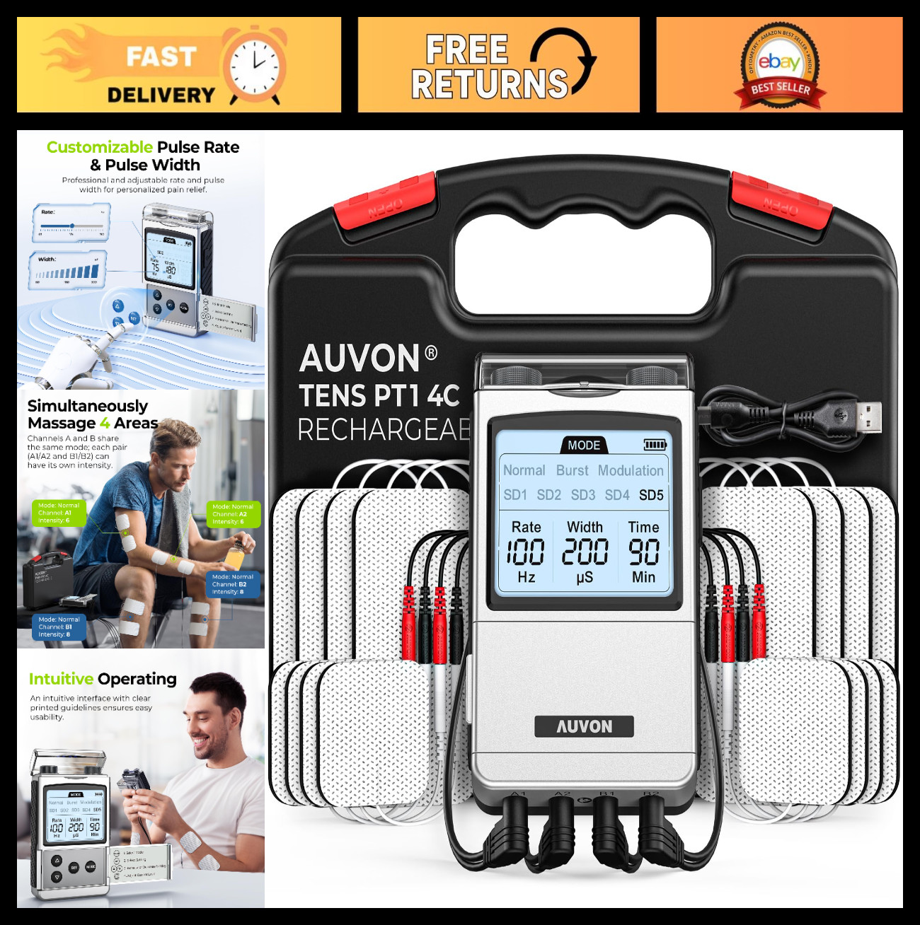 Rechargeable 4-Channel TENS Unit Muscle Stimulator for Back Pain Relief, 8 Modes