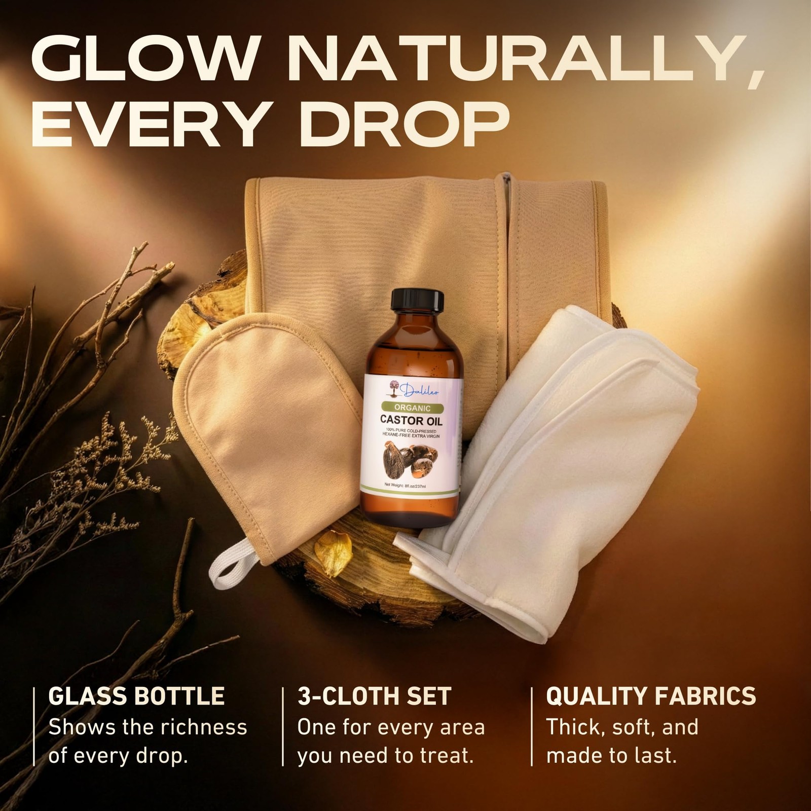 Organic Castor Oil Pack Wrap Kit – 8oz Cold Pressed Oil with Abdominal & Neck…