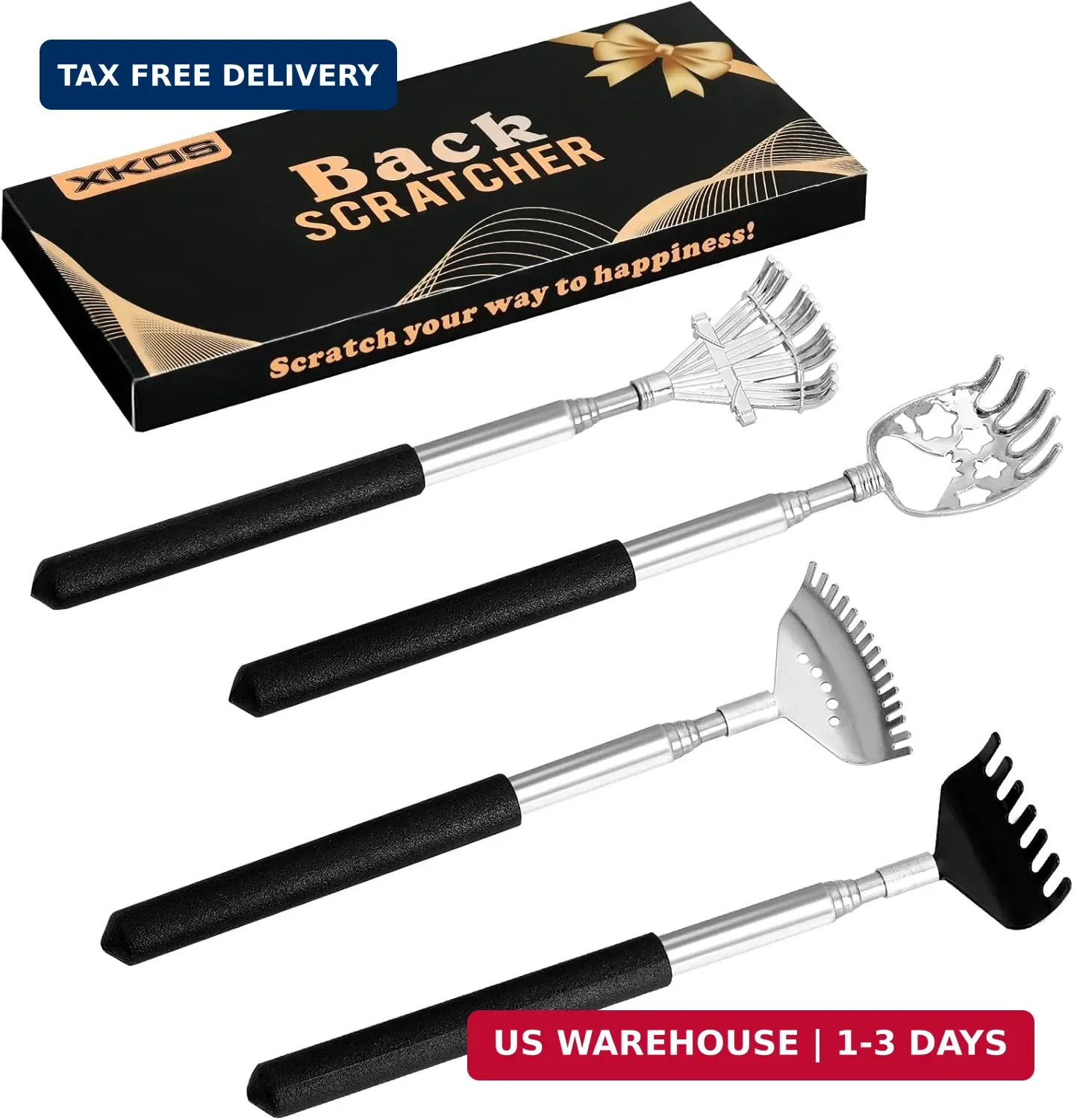 XKOS 4 Pack Different Back Scratcher Portable Telescoping with Rubber Black