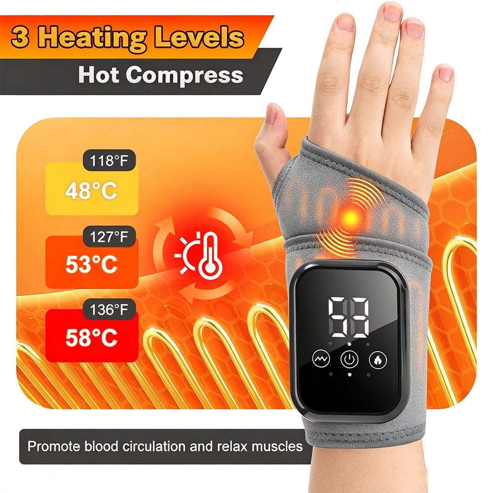 Electric Wrist Massager Brace w/ Heat & Vibration for Carpal Tunnel, Arthritis